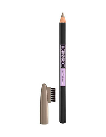 Maybelline Express Brow Eyebrow Pencil in 02 Blonde, showing the pencil tip and packaging for natural brow grooming.