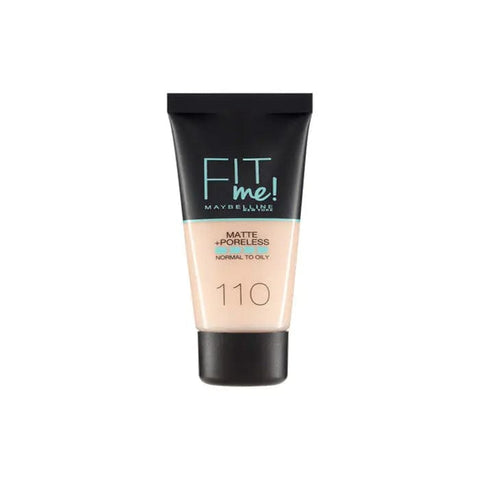 Maybelline Fit Me Matte & Poreless Foundation 110 Porcelain in 30ml bottle, shown with smooth, even skin tone.