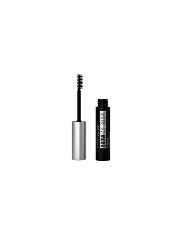 Maybelline Express Brow Fast Sculpt Mascara in clear, natural finish, applied to brows for a defined, groomed look.