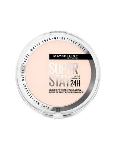 Maybelline Superstay 24h Hybrid Powder Foundation in shade 03, 9g, displayed with sleek packaging from Jag Couture London.