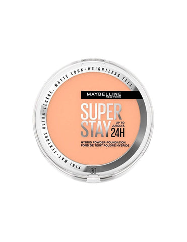 Maybelline Superstay 24h Hybrid Powder Foundation in shade 30, 9g, displayed in a compact with a mirror and applicator.