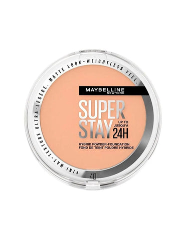 Maybelline Superstay 24h Hybrid Powder Foundation in shade 40, 9g, displayed in a compact container with a mirror.