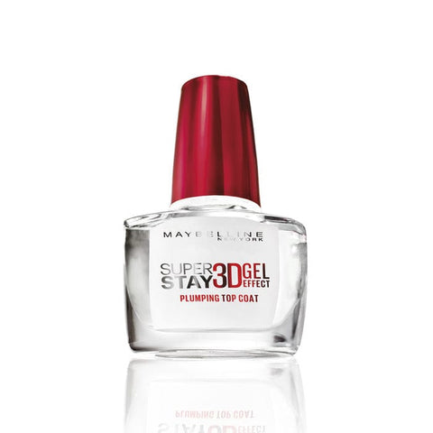Maybelline Superstay 3D Gel Effect nail polish in transparent 10ml bottle with a glossy finish, displayed on a neutral background.