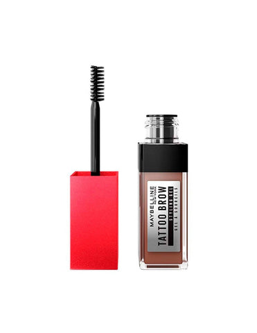 Maybelline Tattoo Brown Styling Gel in shade 255 Soft Brown, displayed in a jar with product label visible.