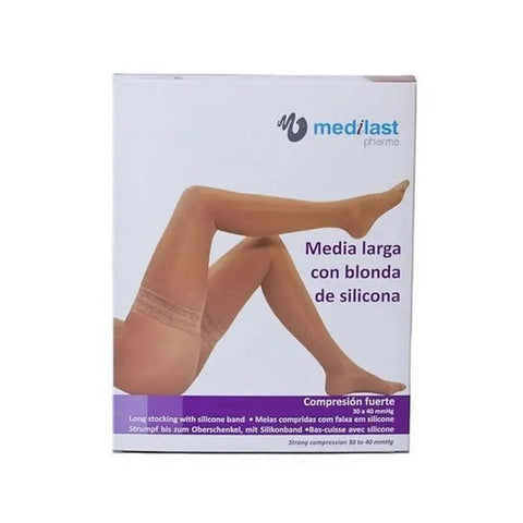Medilast long stockings in Blanc Blonda R110 by Jag Couture London, showing a close-up of the white, sheer, and fitted stockings.