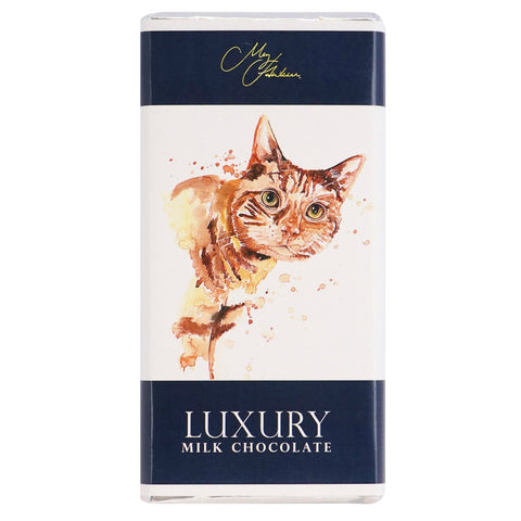 Milk chocolate bar featuring Meg Hawkins cat design by Jag Couture London New York, with colorful cat illustration on the packaging.