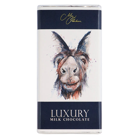 Milk chocolate bar featuring Meg Hawkins donkey design by Jag Couture London New York, with detailed donkey illustration on the packaging.