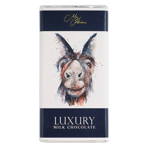 Milk chocolate bar with Meg Hawkins donkey design by Jag Couture London New York, featuring a detailed donkey illustration on the packaging.