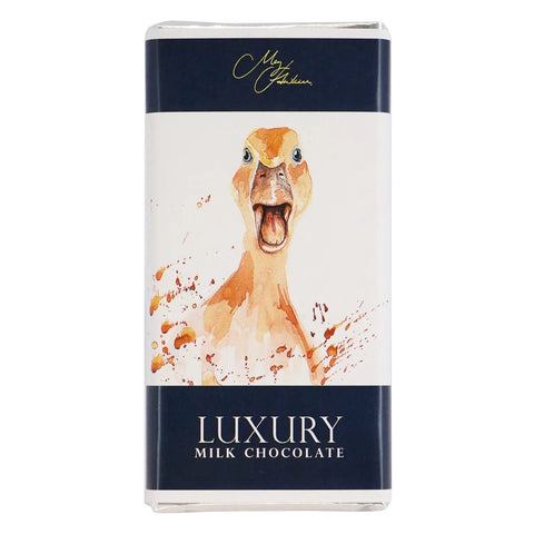 Milk chocolate bar featuring Meg Hawkins duck design by Jag Couture London New York, with detailed duck artwork on the packaging.