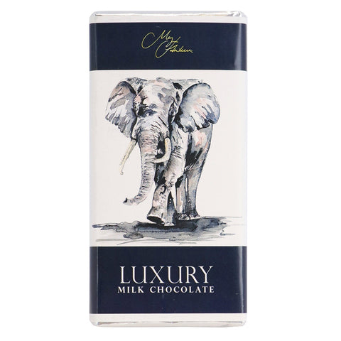 Milk chocolate bar with Meg Hawkins elephant design by Jag Couture London New York, featuring detailed elephant artwork on the packaging.