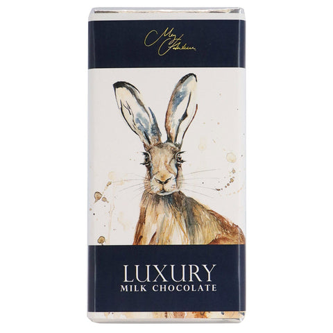 Milk chocolate bar with Meg Hawkins Hare design by Jag Couture London New York, featuring detailed hare illustration on the packaging.