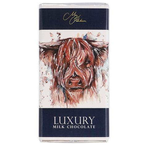 Milk chocolate bar by Jag Couture London featuring Meg Hawkins Highland Cow design, with a detailed, artistic Highland Cow illustration.