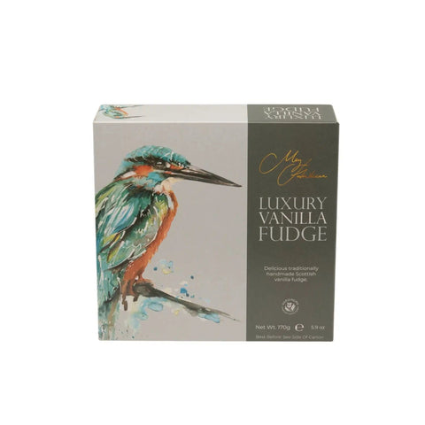 Meg Hawkins Kingfisher vanilla fudge carton by Jag Couture London New York, featuring a colorful, artistic packaging design.