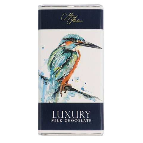 Milk chocolate bar with Meg Hawkins Kingfisher design by Jag Couture London New York, showcasing intricate bird artwork on the packaging.