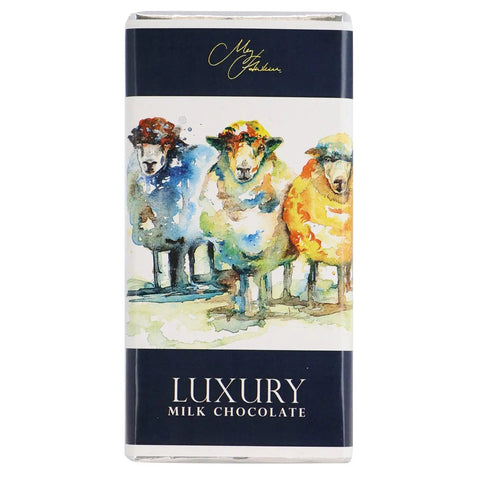 Milk chocolate bar featuring Meg Hawkins Neon Sheep design by Jag Couture London New York, with colorful neon sheep artwork on the wrapper.
