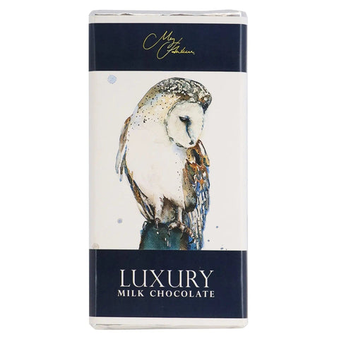 Milk chocolate bar by Jag Couture London New York featuring Meg Hawkins owl design on the packaging.