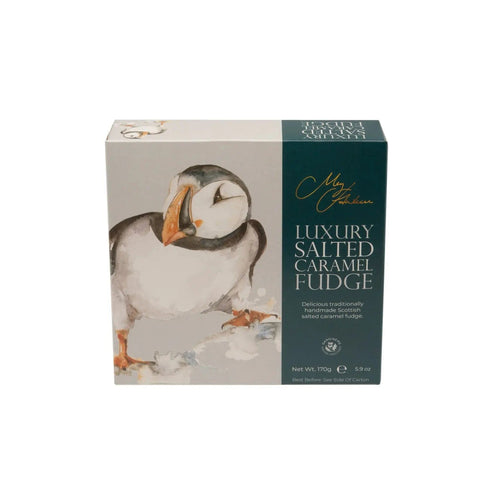 Meg Hawkins Puffin salted caramel fudge carton by Jag Couture London - New York, featuring a colorful puffin illustration on the packaging.