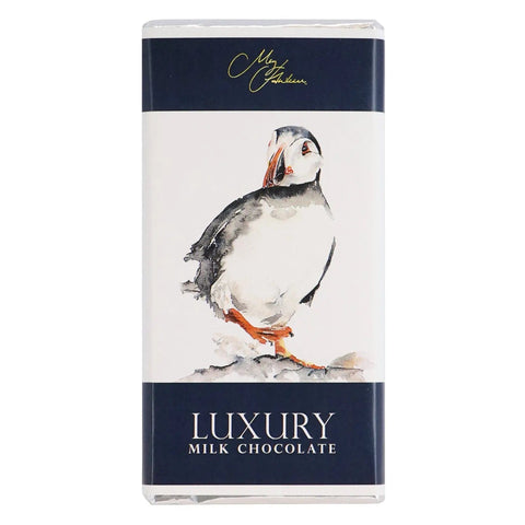 Jag Couture London New York Meg Hawkins Puffin design milk chocolate bar with detailed puffin illustration on smooth milk chocolate.