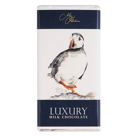 Jag Couture London New York Meg Hawkins milk chocolate bar with Puffin design, showcasing detailed puffin artwork on the packaging.