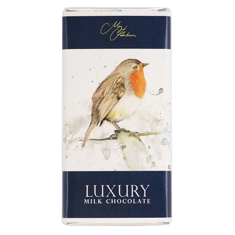 Milk chocolate bar featuring Meg Hawkins Robin design by Jag Couture London New York, with intricate Robin artwork on the packaging.