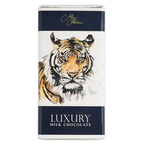 Milk chocolate bar by Jag Couture London featuring Meg Hawkins' tiger design, with detailed tiger artwork on the chocolate surface.