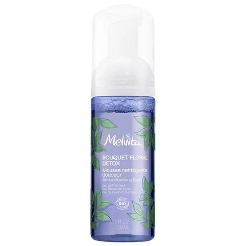 Melvita Bouquet Floral Detox Organic Gentle Cleansing Foam in 150ml bottle, showing the floral packaging and product label.