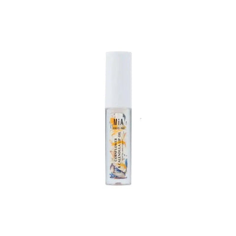 Mía Cosmetics Cornflower and Calendula Lip Oil by Jag Couture London, 2.7ml bottle with floral ingredients and clear packaging