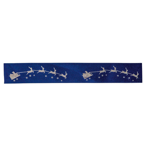 Midnight blue satin ribbon with Santa on sleigh design from Jag Couture London-New York, single-faced and decorative for gift wrapping.
