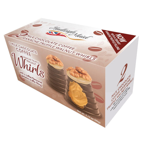 Milk chocolate coffee ganache walnut whirls twin pack by Jag Couture London New York, showing rich swirls and crunchy walnuts.