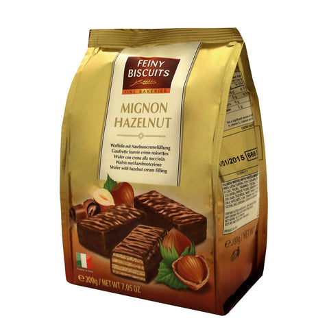 Milk chocolate covered mignon wafers with hazelnut cream filling in a sachet bag, from Jag Couture London - New York.