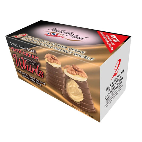 Milk chocolate Irish cream ganache walnut whirls twin pack by Jag Couture London-New York, showcasing creamy filling and walnut decorations.