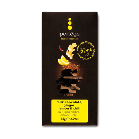 Milk chocolate tablet from Jag Couture London with ginger, lemon, and chilli pieces, shown in a close-up image.