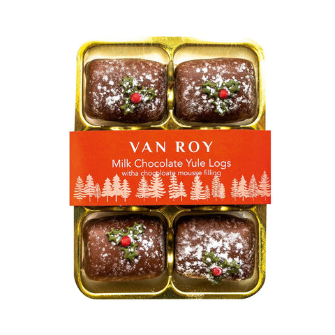 Milk chocolate Yule logs with chocolate mousse filling from Jag Couture London - New York in a clear cello pack.