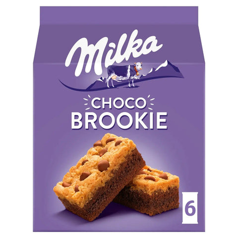 Milka Choco Brookie carton with 6 individual bars, featuring creamy chocolate and cookie layers, by Jag Couture London New York.