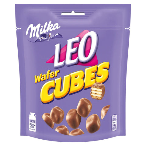 Milka Leo Cubes pouch featuring milk chocolate-covered wafer pieces from Jag Couture London - New York.