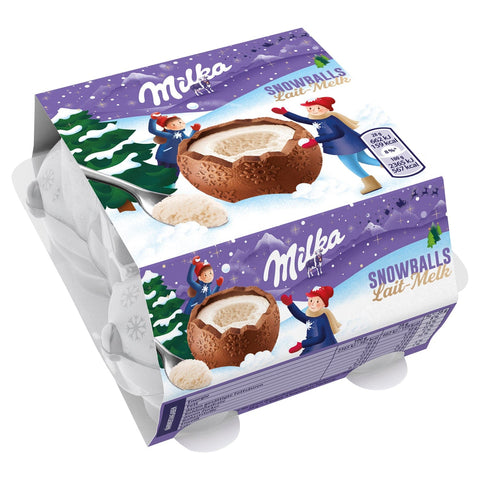 Milka milk chocolate snowballs with milk crème filling in a 4-pack, featuring round chocolates coated in cocoa powder.