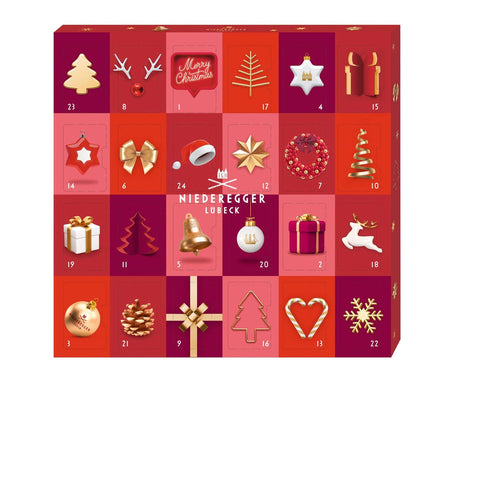 Mini Glamour advent calendar by Jag Couture London-New York, filled with assorted marzipan specialties, featuring festive packaging.