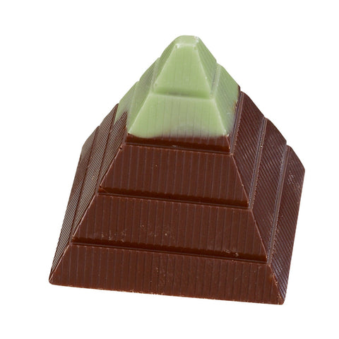 Dark chocolate mint cream pyramid by Jag Couture London New York, 13g, with a glossy chocolate exterior and mint filling visible inside.