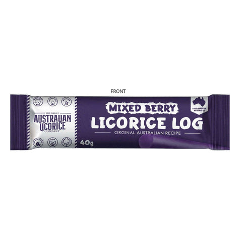 Mixed berry flavored licorice log by Jag Couture London New York, showing a close-up of the colorful, textured licorice on a white background.