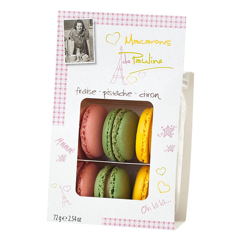 Mixed display of colorful macarons including strawberry, pistachio, and lemon by Jag Couture London, VAT free.
