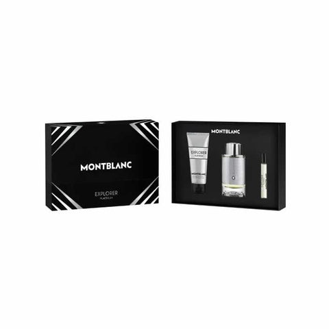 Montblanc Explorer Platinum Eau de Perfume spray 100ml set with three pieces, featuring sleek bottles and elegant packaging.