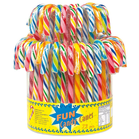 Multi-coloured fruit-flavoured candy canes in a display bucket, 12.8cm long, 13g, by Jag Couture London New York.