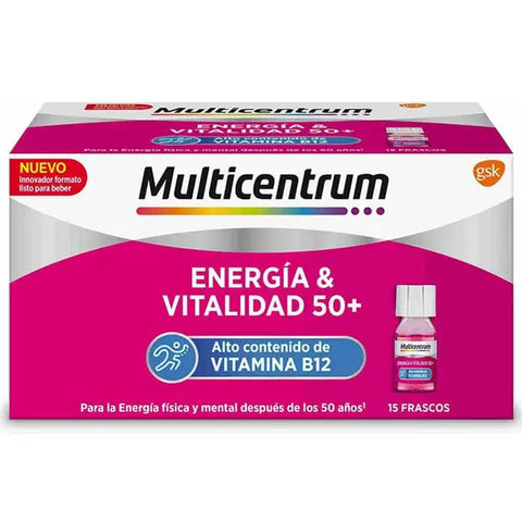 Multicentrum Energy & Vitality 50+ supplement bottles by Jag Couture London New York, 15-pack of 7ml ampoules.