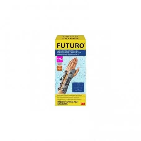 Water-resistant Futuro left-hand wrist brace by Jag Couture London-New York, size S-M, shown on a hand.