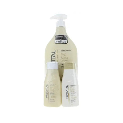 Set of three Mussvital Dermactive Emollient Lotions in 1000ml bottles by Jag Couture London New York, displayed together.