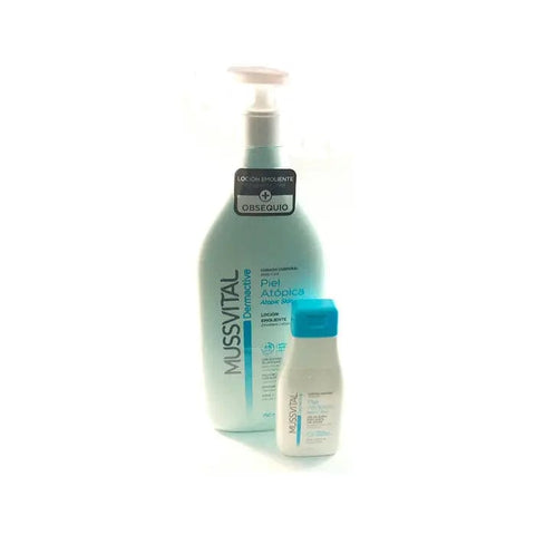 Set of two Mussvital Dermactive Lotion for atopic skin by Jag Couture London, 750ml bottles with labels and pump dispensers.