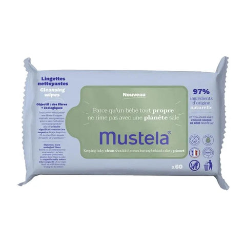 Mustela Avocado Cleansing Wipes for gentle skin cleansing, displayed with 60 wipes in a package.