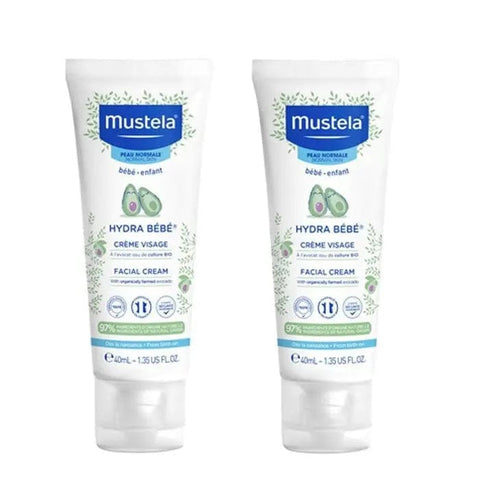 Mustela Baby Hydra Facial Cream 2x40ml by Jag Couture London - New York, gentle moisturizer for baby's delicate skin.