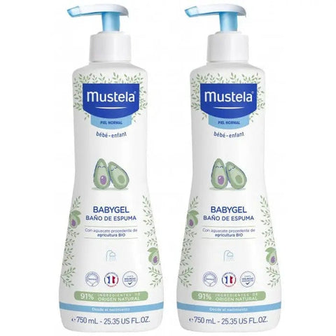 Mustela Babygel foaming bath in two 750ml bottles, gentle and soothing for baby's skin, from Jag Couture London New York.