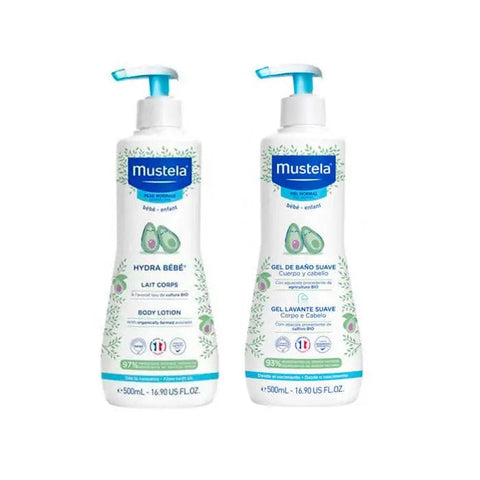 Mustela Hydra Baby Body Milk and Bath Gel from Jag Couture London - New York, 500ml each, gentle skincare for babies